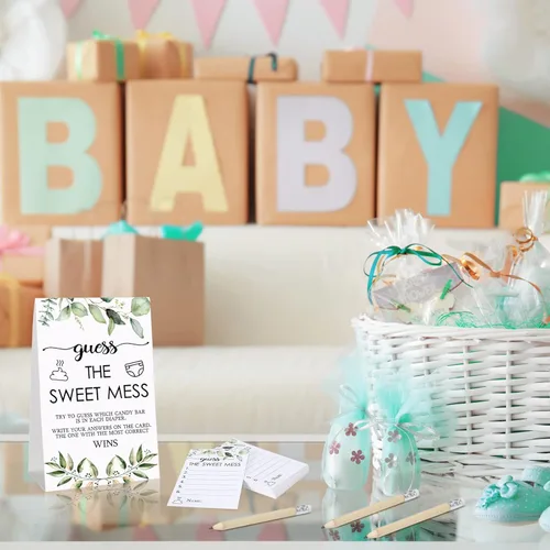 Miniatura 5 de Juego de 67 piezas de pañales sucios de Guess The Sweet Mess para baby shower, incluye letrero de Adivina el dulce lío, 50 tarjetas pequeñas, 10