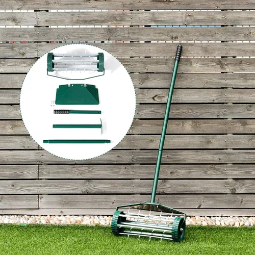 Miniatura 6 de Goplus Aireador de césped rodante, 18 pulgadas para jardín y patio, con púas de empuje giratorias, para aireación de suelo, herramienta de aireación