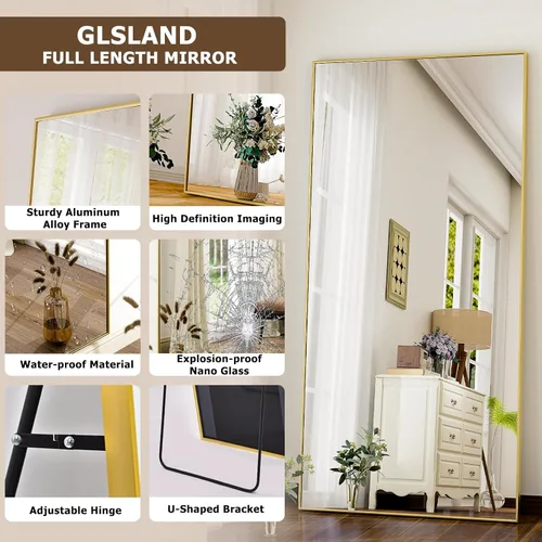 Miniatura 4 de GLSLAND Espejo de cuerpo completo de 64 x 21 pulgadas, espejo rectangular independiente, para colgar o inclinar, de aleación de aluminio, para Negro