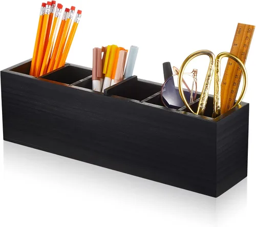 Miniatura 9 de Jetec Portalápices de madera para escritorio, 6 compartimentos, organizadores de escritorio de oficina de madera para encimera, organizador