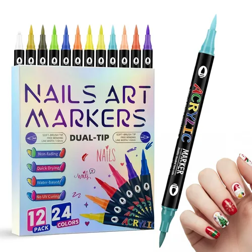 Marcadores de arte de uñas de 24 colores, bolígrafos de doble punta para pintar uñas, forro de graffiti, dibujo, pintura y puntos, decoración de