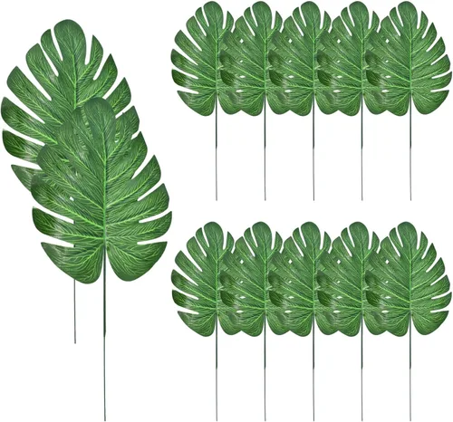 12 hojas de palma artificiales, imitación tropical Monstera realista Safari hoja de selva para fiesta hawaiana Luau, boda, cumpleaños, decoración