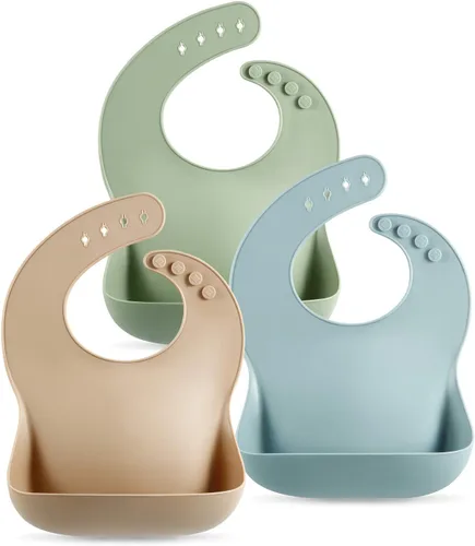 PandaEar Set of 3 Silicone Baby Bibs Waterproof, Soft, Unisex, 10-72 Months Marrón/Azul/Verde
