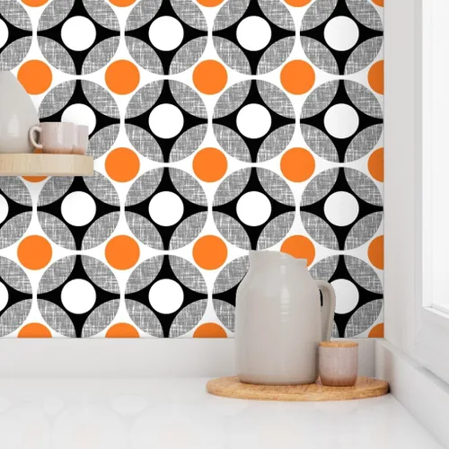 Miniatura 8 de Muestras de papel tapiz para despegar y pegar, huevos Mod Huevos Naranja Blanco Puntos Círculo Cocina de mediados de siglo Moderno Papel pintado