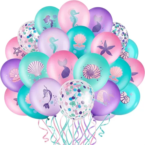 Zomiboo Juego de 36 globos de sirena de 12 pulgadas, globos de confeti de sirena, morado, rosa, verde, verde azulado para niños, princesa, niña,