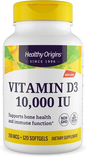 Healthy Origins Vitamina D3 10,000 UI (250 mcg), 120 cápsulas blandas líquidas - Apoya huesos fuertes, dientes saludables y función del sistema