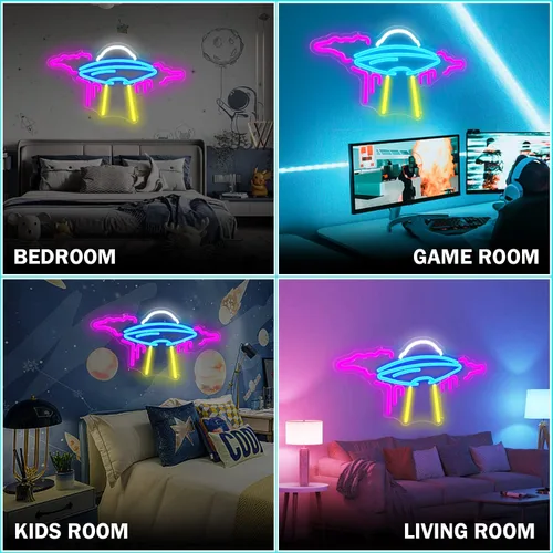 Miniatura 4 de Letrero de neón OVNI de nave espacial con luces LED de neón regulables para pared, letrero de neón OVNI para dormitorio, niños, espacio