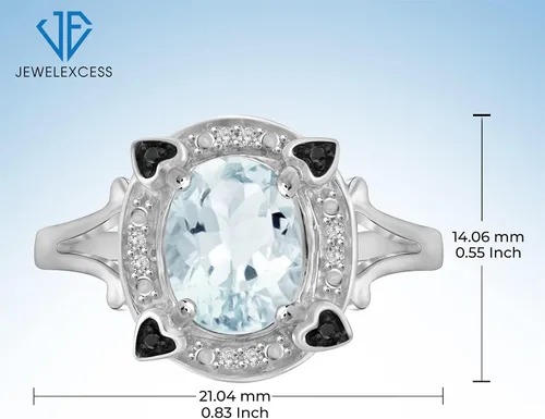 Miniatura 5 de JEWELEXCESS Anillo de aguamarina con piedra natal de marzo Anillo de plata de ley de aguamarina de 1,65 quilates con detalle de diamante blanco
