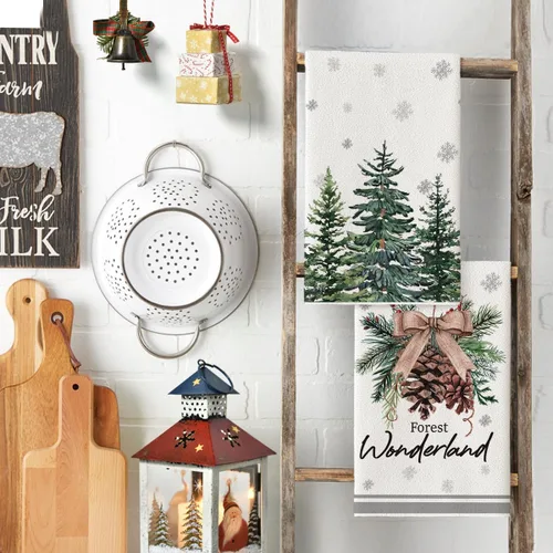 Miniatura 3 de Artoid Mode Árboles de Alce Piñas de Pino Bayas de Acebo Hola Invierno Toallas de Cocina, Toallas de Mano de Decoración de Navidad con Moño de 4