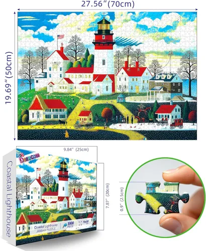 Miniatura 3 de Rompecabezas del Faro del Pueblo Costero de Nueva Inglaterra, 1000 Piezas, Arte Escénico Costero con Carruajes de Caballos, Estilo de Arte Popular