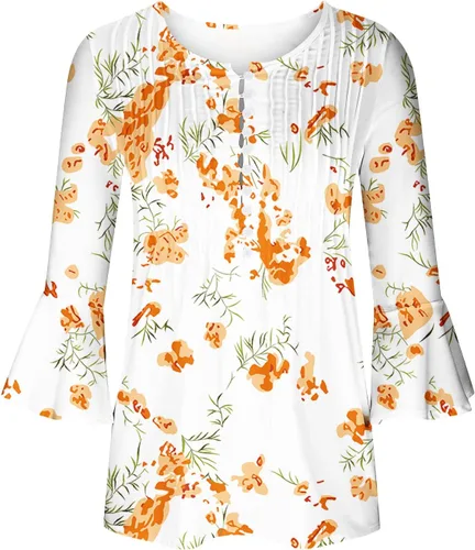 Miniatura 24 de Ceboyel Blusa tipo túnica con estampado floral para mujer, con botones, estilo Henley, con manga de codo, casual, trajes de moda para mujer