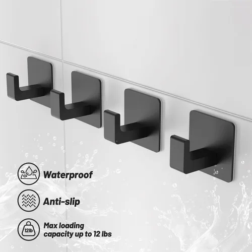 Miniatura 3 de Ganchos de toalla para adhesivo de baño, paquete de 4 ganchos de baño negro mate para toallas, gancho de toalla resistente a la corrosión, ganchos