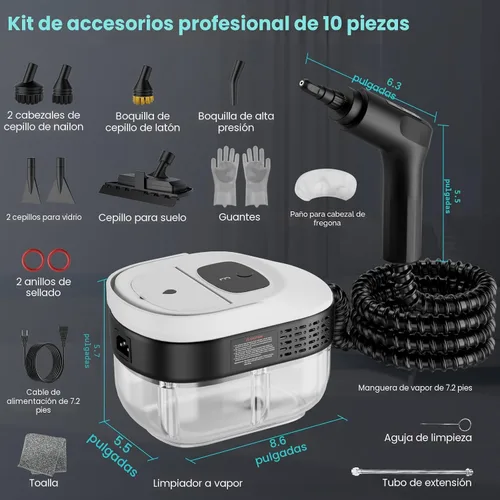 Miniatura 6 de Limpiador de vapor de mano para el hogar, vapor de alta presión de 2500 W, calentamiento rápido de 15 segundos, tanque de 1.6 L, limpiador de vapor
