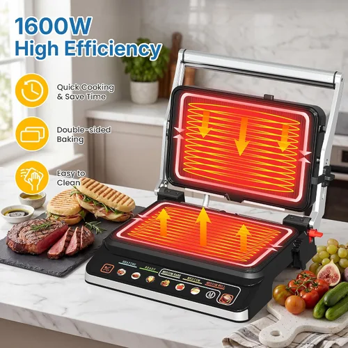 Miniatura 2 de Parrilla y plancha para interiores 3 en 1: apertura plana de 180°, menú preestablecido, sandwichera de prensa Panini eléctrica de 1600 W con placas