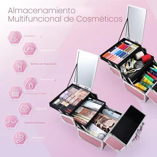 Miniatura 2 de Joligrace Estuche de Tren de Maquillaje Estuche de Maquillaje Organizador Bolsa de Cosméticos Portátil con Caja de Almacenamiento de 2 Bandejas