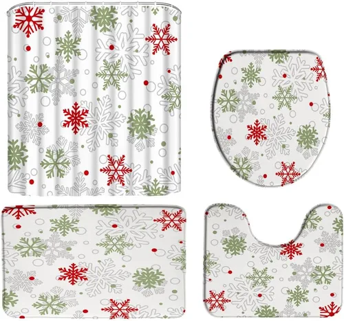 Miniatura 8 de Juego de 4 cortinas de ducha de muñeco de nieve con alfombra, diseño de árbol de pinos de invierno, lindo muñeco de nieve azul, juego de baño