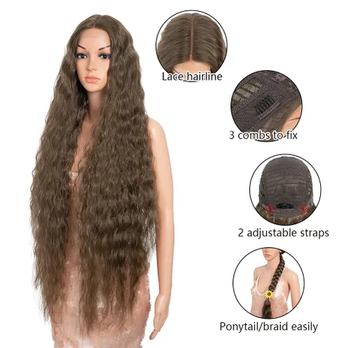 Miniatura 2 de Style Icon Pelucas de Encaje Frontal de 41" Largas Onduladas Sintéticas con Baby Hair Ombre Marrón Claro Estilo Bohemio Semi Atadas a Mano Densidad