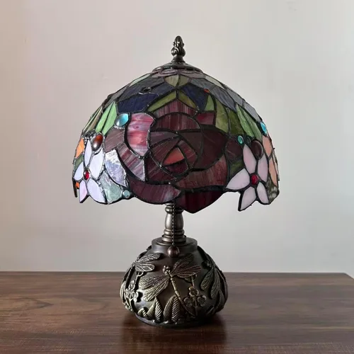 Miniatura 8 de Tiffany - Lámpara de mesa con diseño de flores, color rojo, naranja y azul, incluye base de libélula para sala de estar, dormitorio, mesita