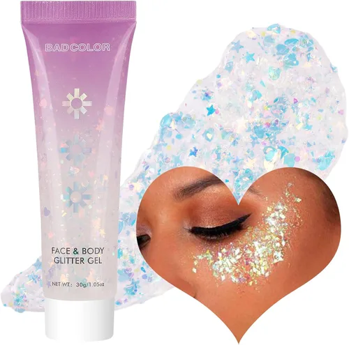 BADCOLOR Gel de purpurina blanca para la cara y el cuerpo, maquillaje holográfico brillante con purpurina gruesa para cabello, uñas, labios, Blanco
