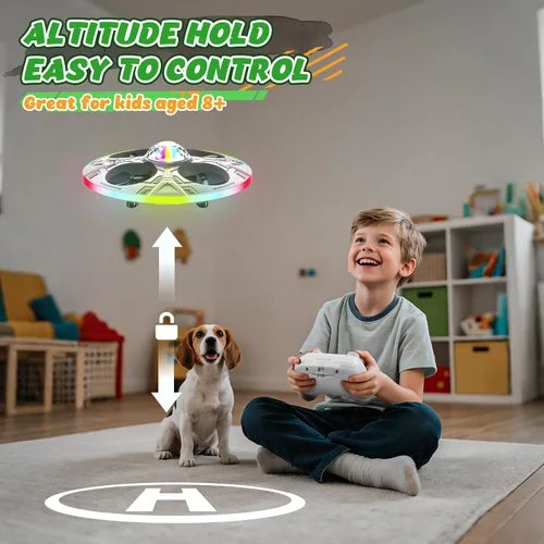 Miniatura 2 de Mini dron OVNI para niños – Avión volador RC de juguete helicóptero de control remoto con luces LED, vuelo automático, 2