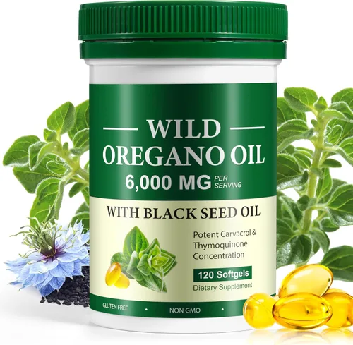 Cápsulas de aceite de orégano con aceite de semilla negra | Cápsulas blandas de aceite de orégano orgánico de 6000 mg | Aceite de orégano apoyo para