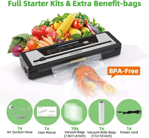 Miniatura 6 de Máquina selladora al vacío DIKEIBAS con 10 bolsas y rollo de bolsa de 10 pies Potente succión de 85kPa Sellador automático de alimentos