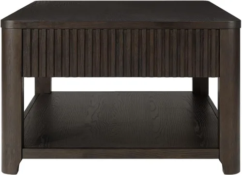 Miniatura 8 de HULALA HOME Mesa de centro moderna acanalada con almacenamiento, mesa de centro de chapa de roble de madera con mesa ancha, 2 cajones y estante Nogal