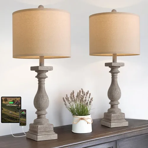 Miniatura 12 de BOBOMOMO Juego de 2 lámparas de mesa estilo granja de 27 pulgadas con USB A+C para dormitorio, sala de estar, lámparas vintage rústicas