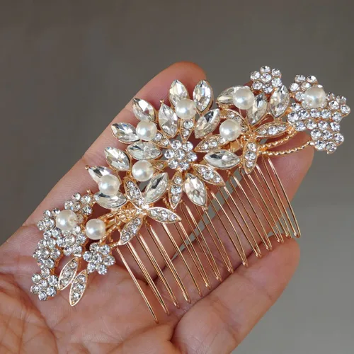 Miniatura 5 de Hapibuy - Peineta de boda con cristales, peine de novia con perlas, tocado de boda en oro, accesorio para el cabello para usar en fiestas