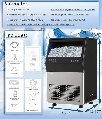 Miniatura 8 de Dessiz Máquina comercial para hacer hielo, 100 libras/24 horas, 45 piezas de acero inoxidable, máquina de hielo independiente para barra de fiesta