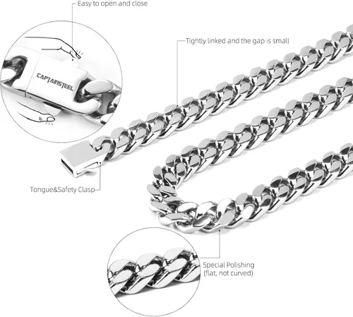 Miniatura 3 de CaptainSteeL Collar de cadena cubana Miami para hombres y mujeres, acero inoxidable 316L de 50.354in de ancho, 18"20"22"24" de largo, joyería de hip