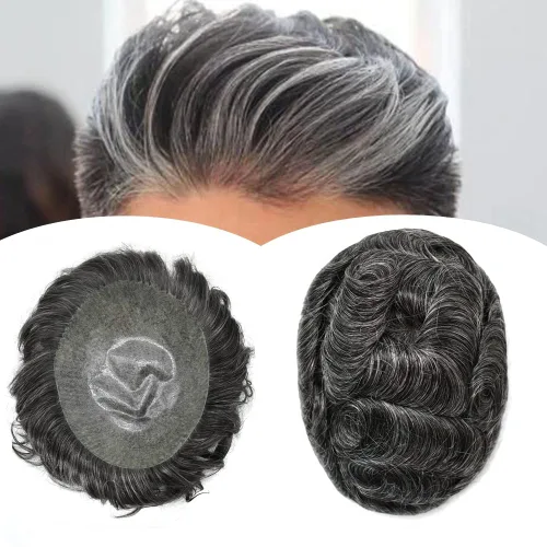 Miniatura 14 de Toupee para hombres Sistema de reemplazo de cabello humano Full Poly Mens Toupee Hairpiece inyectado PU peluca para hombre sistemas de cabello 1B#