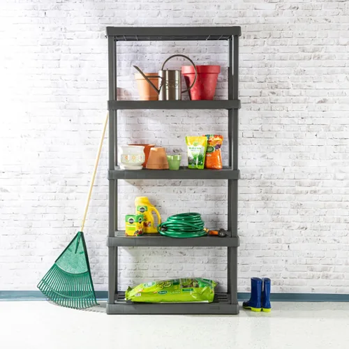 Miniatura 6 de Sterilite Paquete de 4 estantes con 5 estantes, estantes de almacenamiento resistentes para el hogar y el garaje, color gris, estantes organizadores
