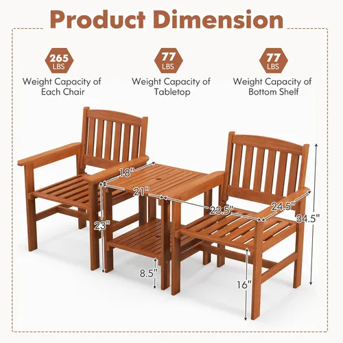 Miniatura 4 de Tangkula Juego de 3 piezas de conversación de patio, asiento de conversación de madera al aire libre con mesa y agujero para paraguas, juego de 3