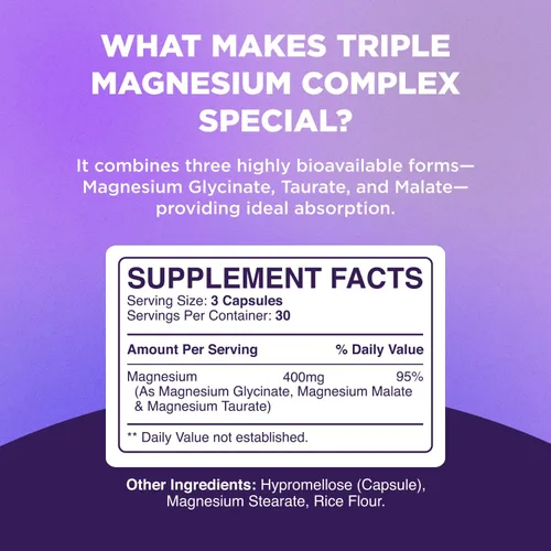 Miniatura 3 de Cápsulas de complejo de magnesio altamente potentes, mezcla de magnesio triple con taurato glicinato y malato, suplemento de 400 mg que apoya