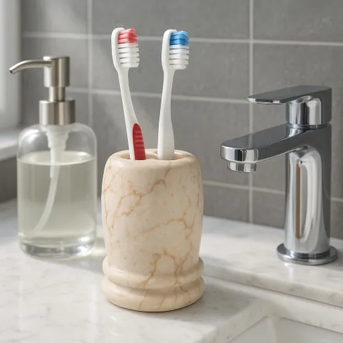 Miniatura 2 de Creative Home Organizador de cepillos de dientes de mármol beige natural, redondo, 3 ranuras, para encimera de baño, soporte para cepillos