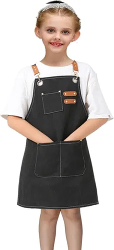 Miniatura 8 de Delantales ajustables para niños, herramienta impermeable para cocinar, pintura, jardinero, lienzo delantal para niñas y niños de 6 a 12 años Marrón