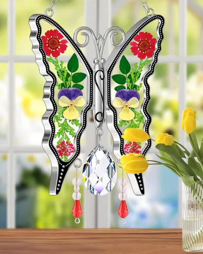 Miniatura 2 de KY&BOSAM Atrapasoles de Mariposa de Cristal de Vidrio Emplomado Atrapasol para Ventana Colgante Campanilla de Viento con Flores Secas y Coloridos