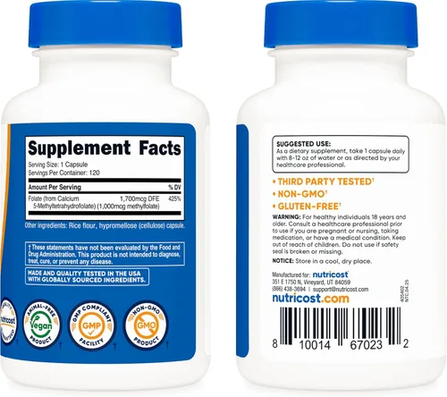 Miniatura 4 de Nutricost Methylfolato 1000 mcg, 120 cápsulas vegetarianas - Sin gluten, sin OMG