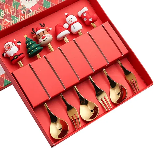 Miniatura 2 de MagiDeal Juego de 6 cucharas de Navidad, tenedores de acero inoxidable, cucharas de postre de acero inoxidable, cucharas de postre de sopa, cucharas