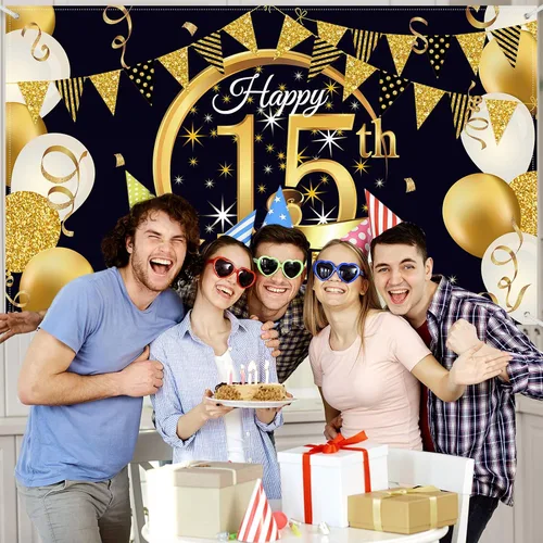 Miniatura 3 de Decoración de fiesta de cumpleaños número 15, cartel póster de tela extra grande negro y dorado para telón de fondo de cabina de fotos
