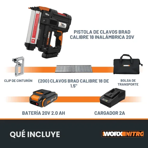 Miniatura 9 de Worx Nitro Clavadora Brad Inalámbrica de 20V 18GA, Pistola de Clavos Inalámbrica, Pistola de Clavos a Batería, Hasta 2 Pulgadas, Liberación
