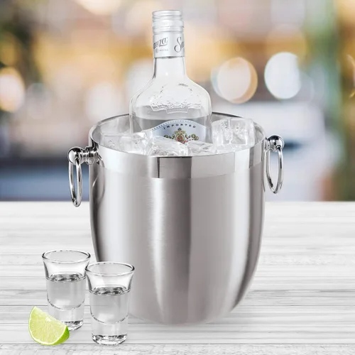 Miniatura 5 de OGGI Cubo de hielo de acero inoxidable de doble pared, cubo de hielo aislado con elegante tapa de acero, asas clásicas y pinzas de hielo de acero