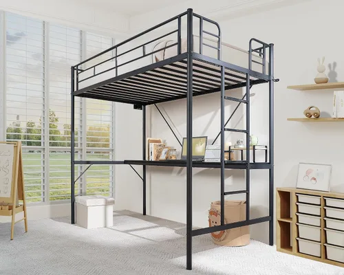 Miniatura 3 de VINGLI - Estructura de cama alta de metal de tamaño individual para niños, adolescentes y adultos con escritorio debajo, 2 estaciones de carga