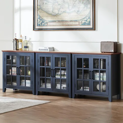 Miniatura 8 de Aparador Grande Buffet con Almacenamiento, 32" Mueble de Cocina Estilo Granja Azul Marino para Café y Vino con 2 Puertas de Vidrio, Mesa Aparador
