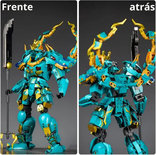 Miniatura 5 de CSNRHG Green Dargon Samurai mech Robot con modelo de lanza larga, bloques de construcción, juego de juguetes de cumpleaños mítico para niños mayores