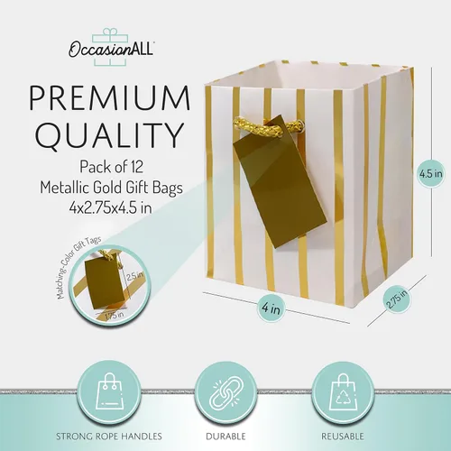Miniatura 5 de Bolsas de regalo de papel dorado metálico con asas, ideales para fiesta de cumpleaños, con diseños de lunares, rayas y cheurón; 12 unidades. 4 x