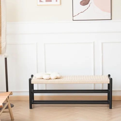Banco de madera maciza para entrada con almacenamiento para zapatos, diseño rústico en roble y tejido, 39.4 pulgadas de largo, asiento para sala y