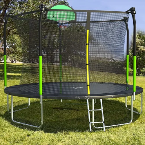 AOTOB Trampolín de 8 pies, 10 pies, 12 pies, 14 pies, 15 pies, con red de seguridad, trampolín para exteriores con aro de baloncesto, alfombrilla de