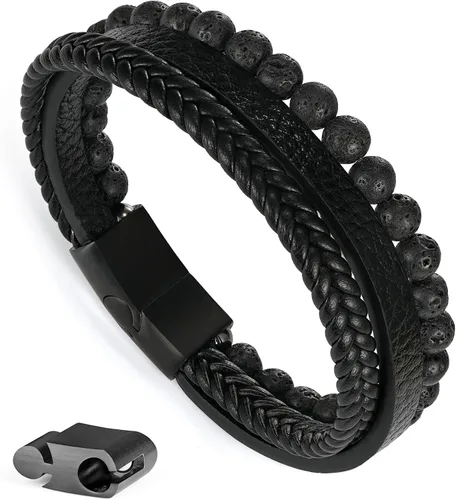 Pulseras de cuentas de cuero en capas para hombres, pulseras de cuero trenzado con ojo de tigre y piedra de lava para hombres con cierre magnético
